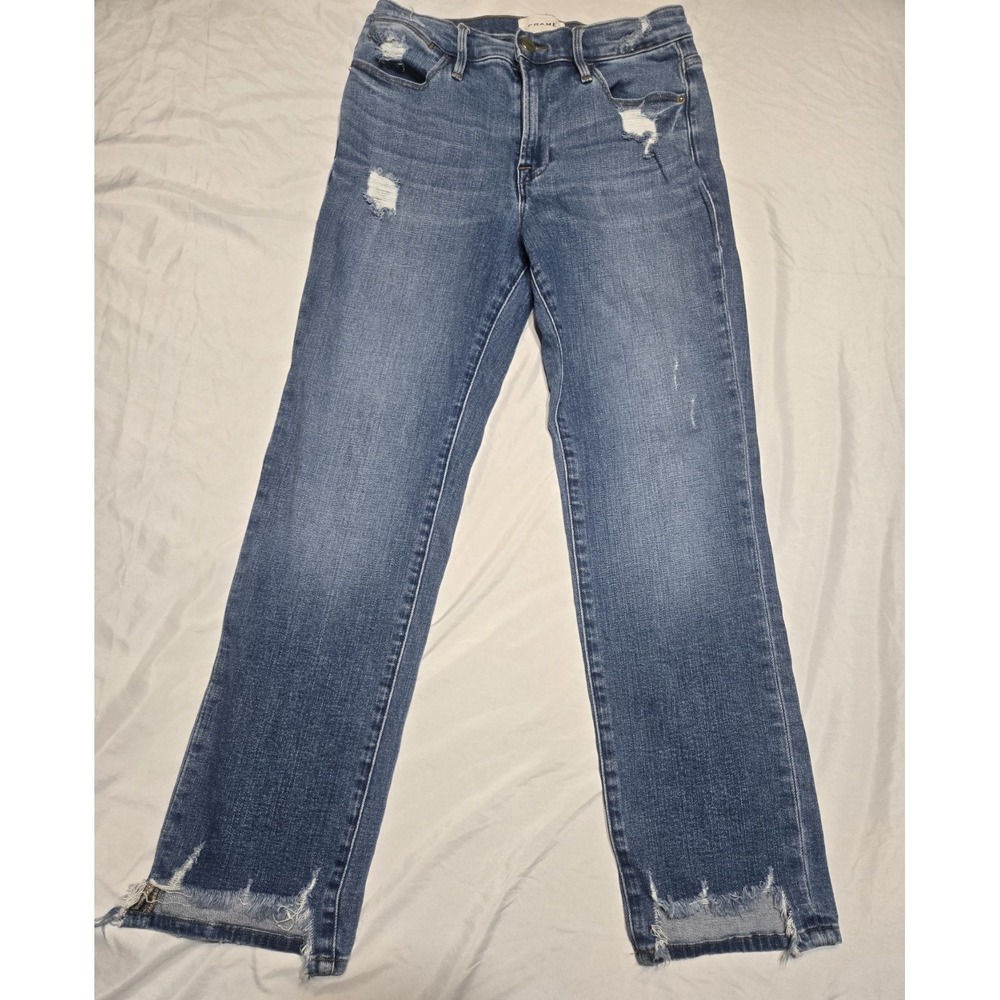 Frame‎ Le High Straight Fray Ankle Denim Med Wash Jeans Distressed 28x26" Luxe